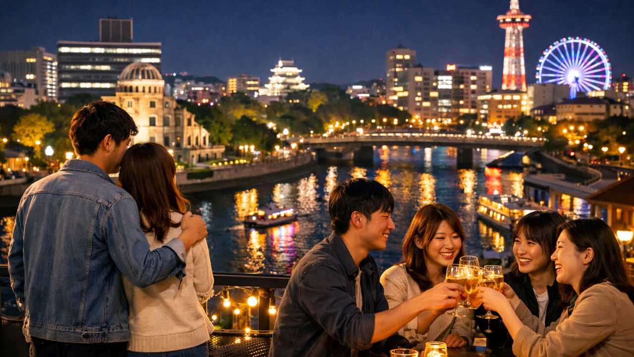 カップルや友人同士で広島の夜景やナイトスポットを楽しむ様子
