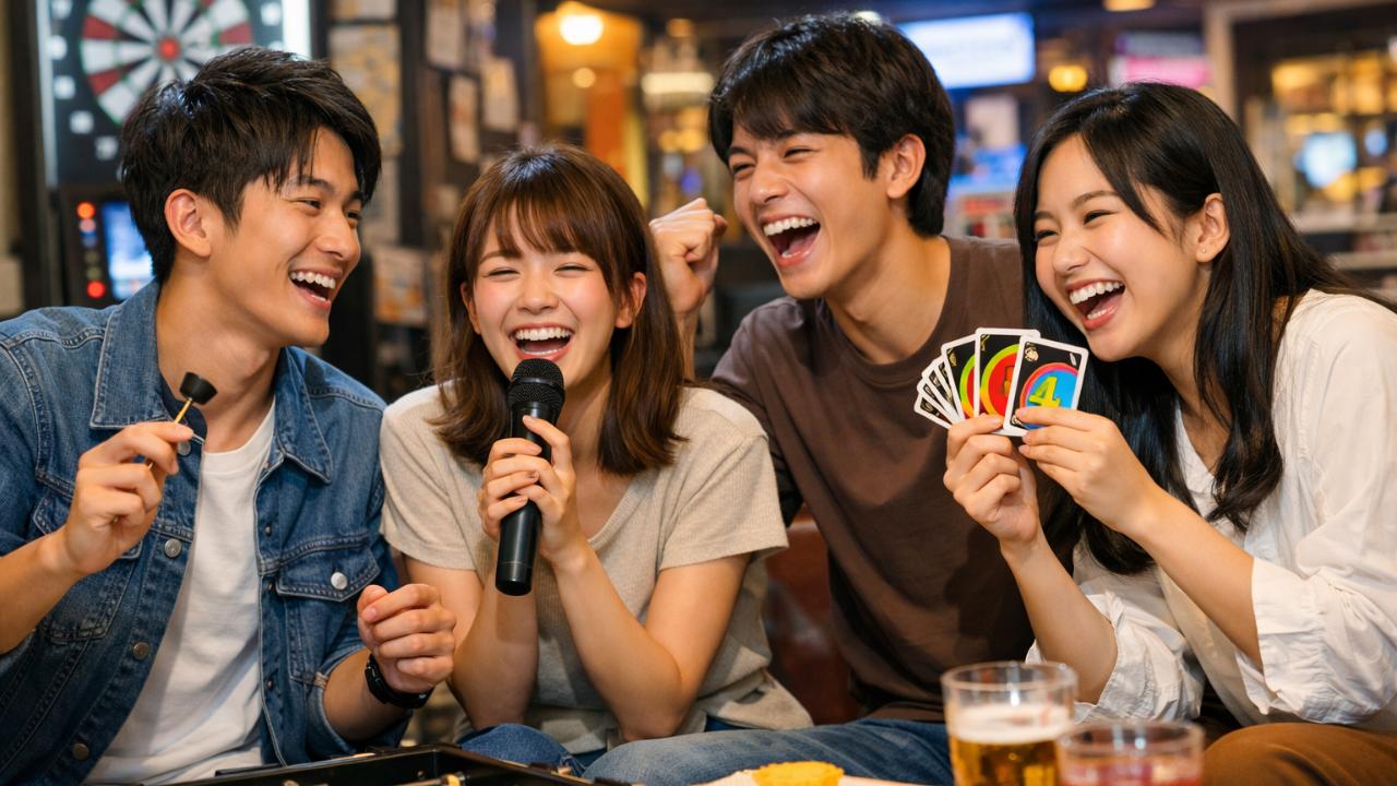 大学生グループが広島市内で笑顔で盛り上がっている遊びのシーン