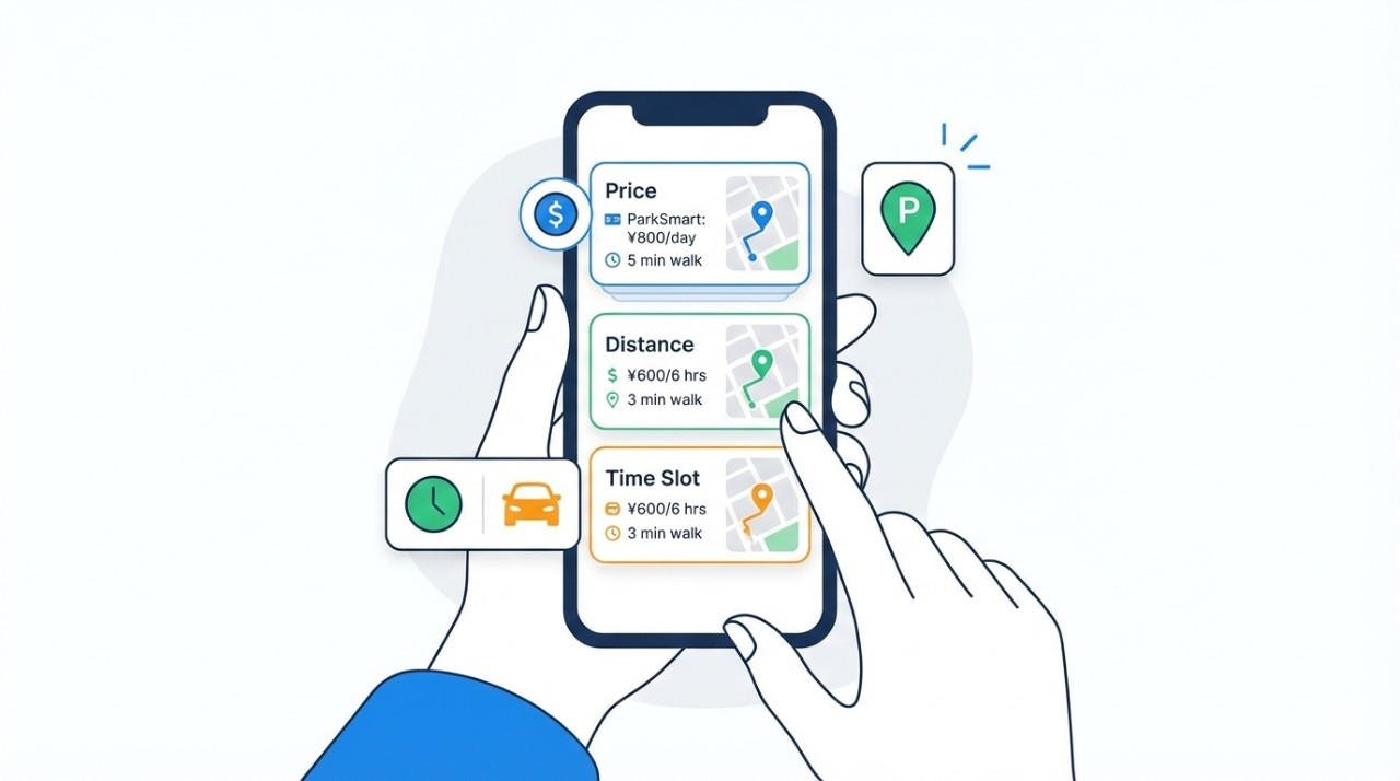 宮島口の駐車場予約サービスを比較する画面イメージ