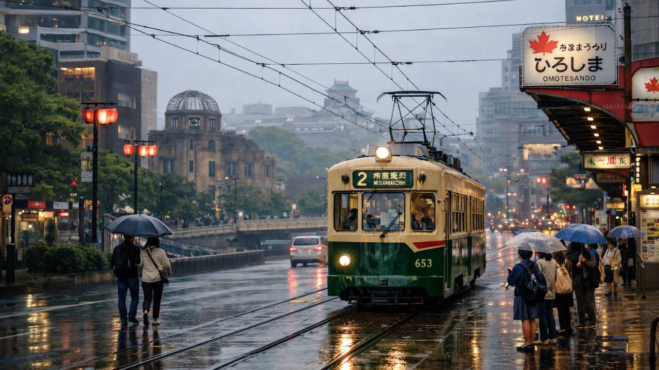 雨の広島市内、路面電車が濡れた路面を走る情景、観光らしい雰囲気、人物は小さめ、リアル写真
