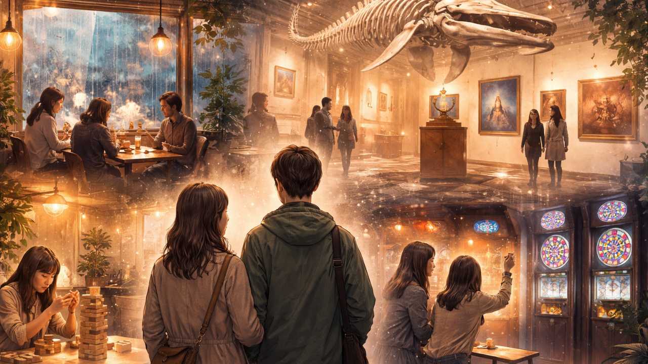 雨の日の広島で大人が室内スポットを選ぶイメージ