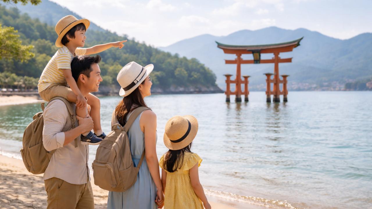 瀬戸内海の穏やかな海と大鳥居を背景に、家族旅行の雰囲気が伝わるシンプルな旅行イメージ