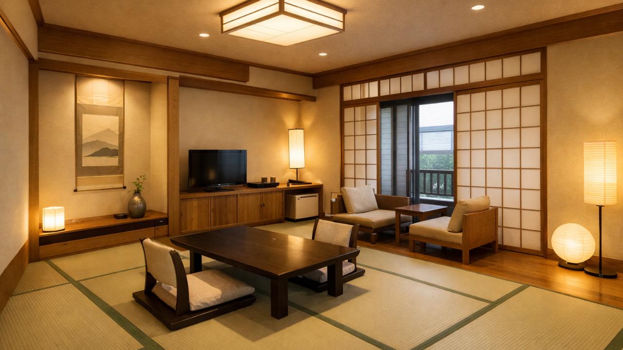 和モダンな旅館の客室、畳と障子、落ち着いた照明、清潔感