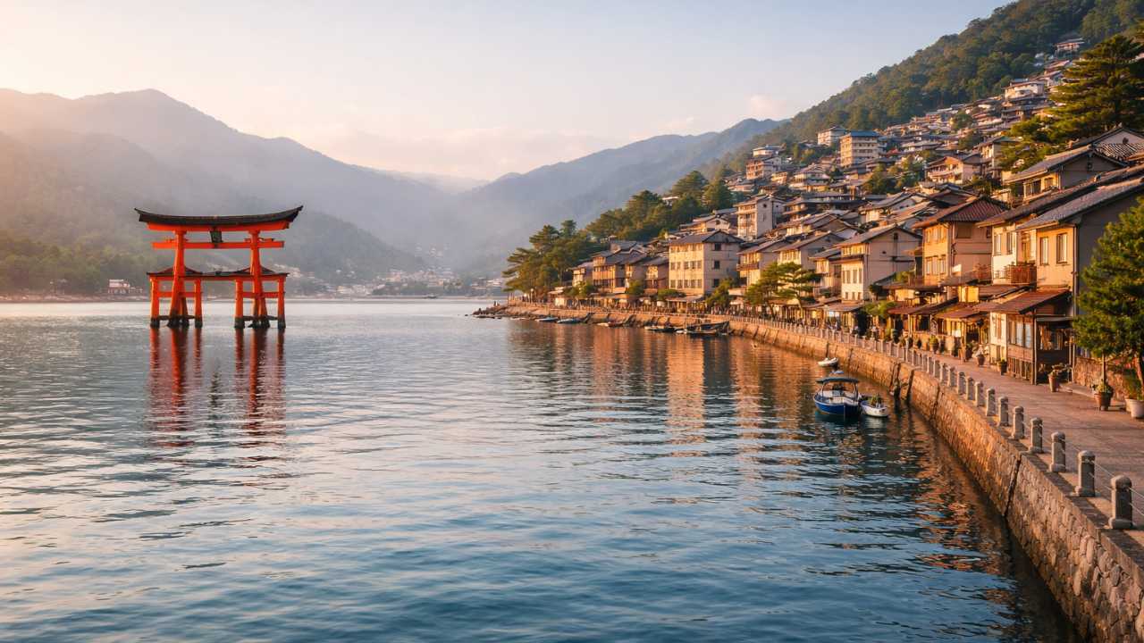 瀬戸内海の穏やかな海、左に朱色の大鳥居、右に坂の町の海沿い街並み、朝の柔らかい光