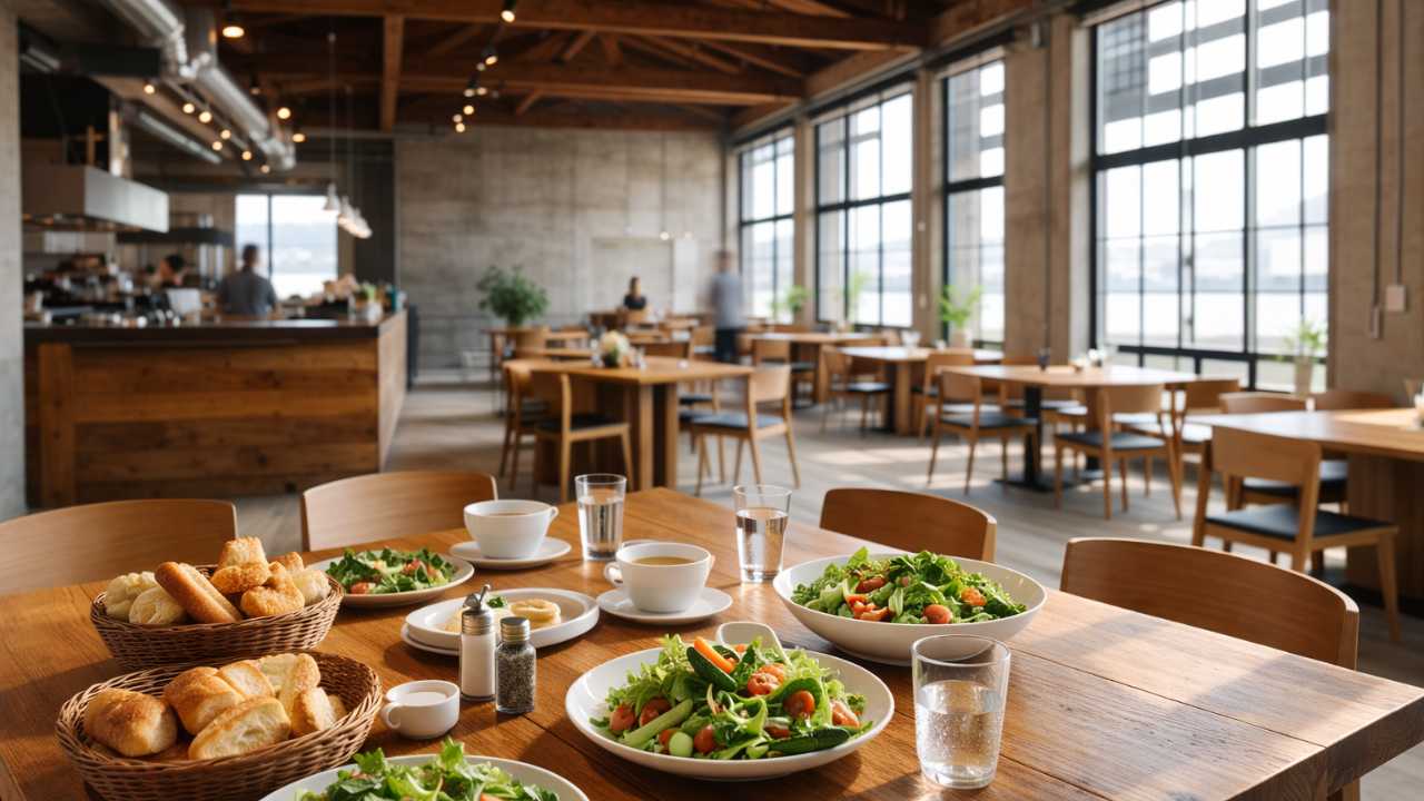 倉庫リノベ風のモダンなレストラン内観、木とコンクリート、サラダやパンが並ぶランチテーブル