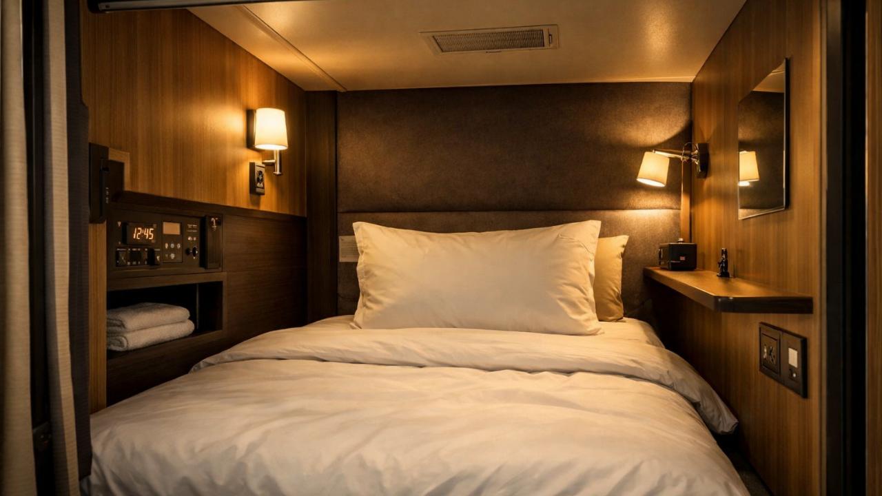 カプセルホテルの整った寝床スペースのイメージ