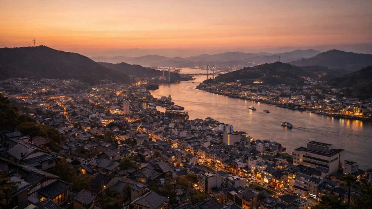 夕暮れの尾道、千光寺の高台から見下ろす尾道水道と坂の街並み