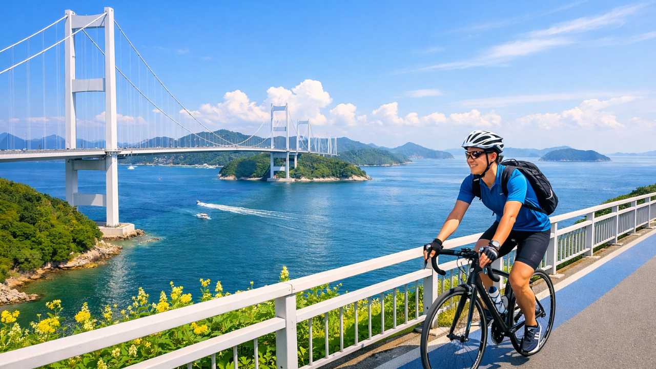 瀬戸内海の多島美を背景に、しまなみ海道の自転車道を走るサイクリスト