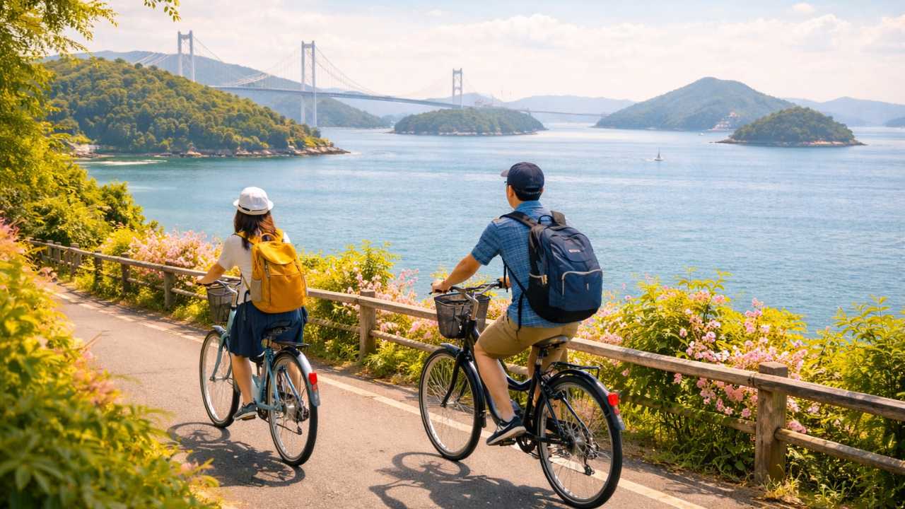 電動アシスト自転車で海沿いをのんびり走る旅行者、背景に瀬戸内の多島美