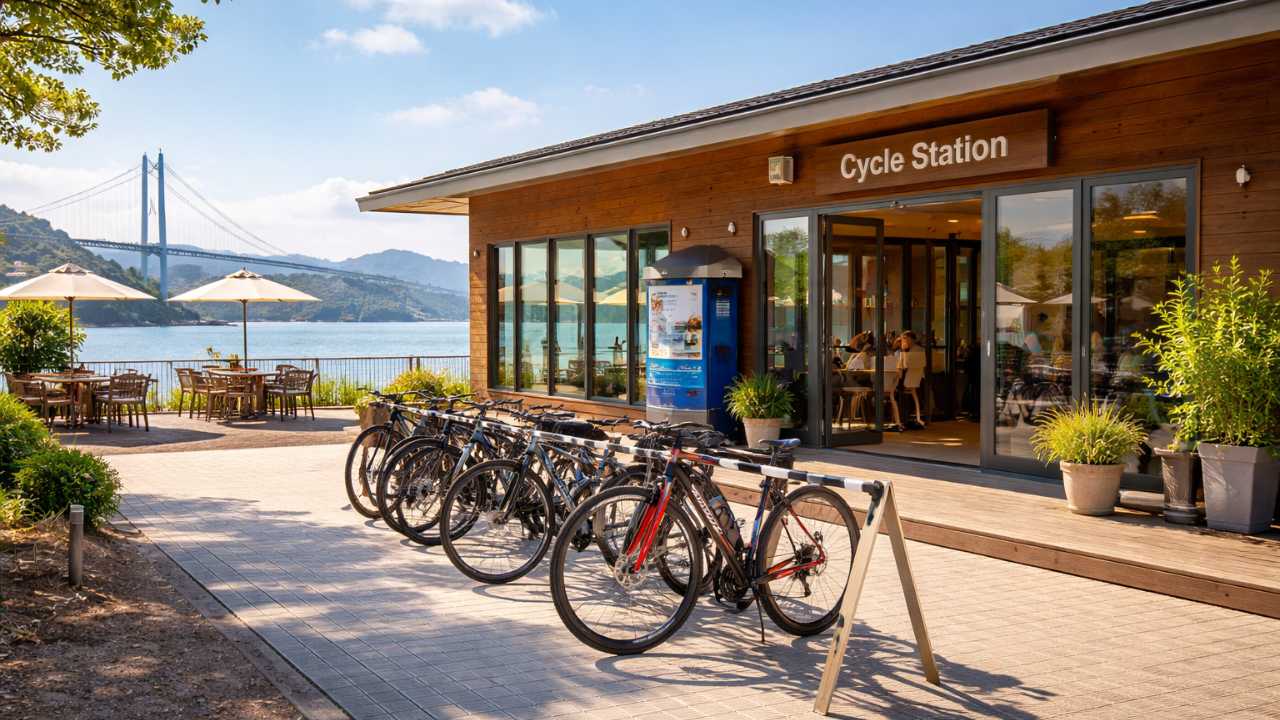 サイクリング拠点で休憩するイメージ(建物外観と自転車のある風景)