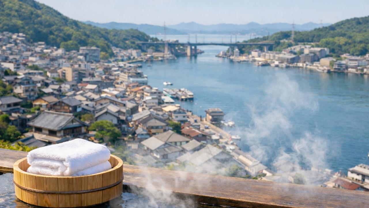 尾道の海と坂の街並みを背景に、日帰り温泉を連想させる湯気とタオル、旅のイメージ