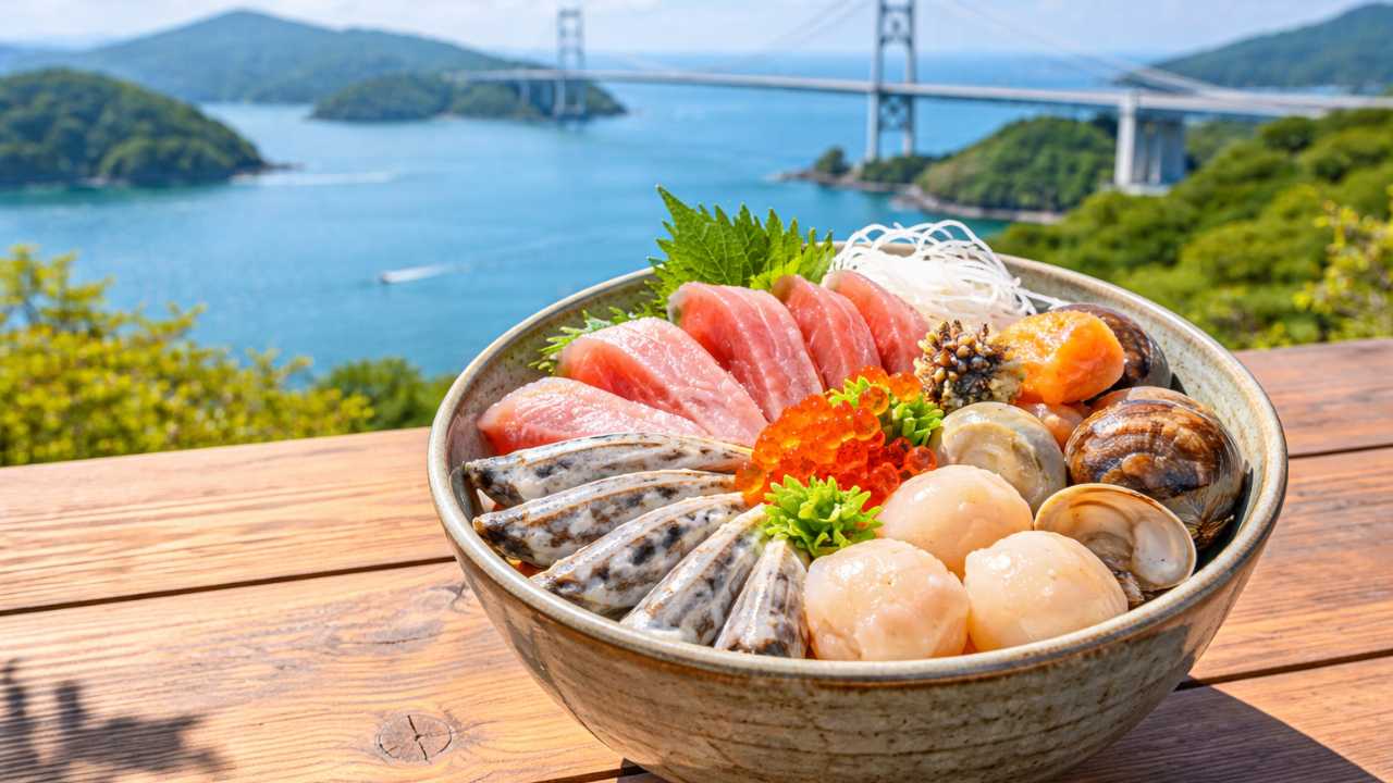 瀬戸内の青い海と長い橋を背景に、木のテーブル上に海鮮丼（鯛・小魚・貝類）