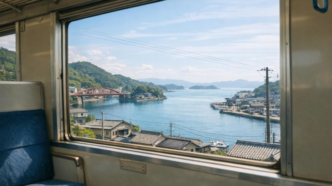 山陽本線の普通列車で移動するイメージ、車窓に瀬戸内らしい街並み