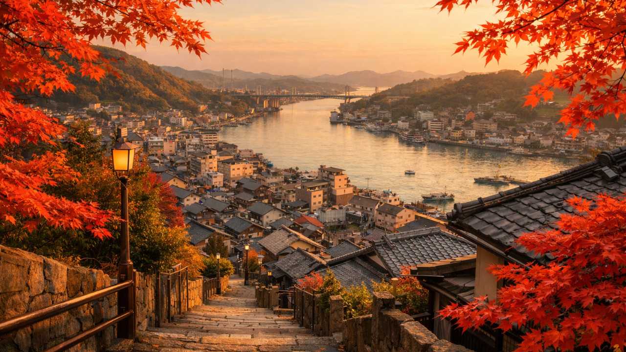 秋の尾道、坂道の先に尾道水道と街並み、手前に紅葉したモミジ