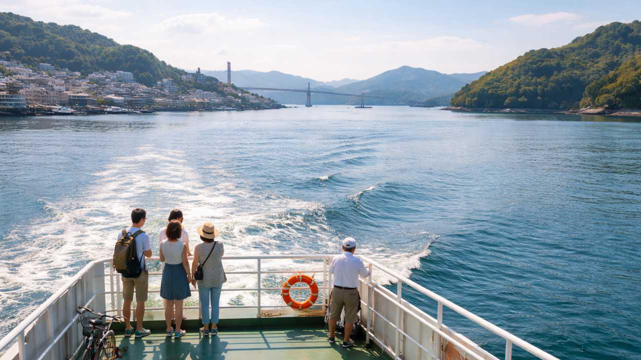 尾道の渡船で向島へ向かう風景、瀬戸内海