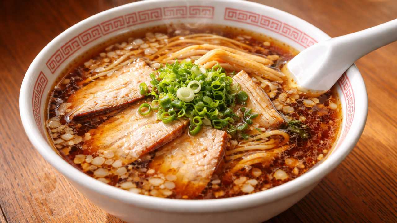 尾道ラーメンの丼の寄り、醤油スープと背脂が見える、湯気