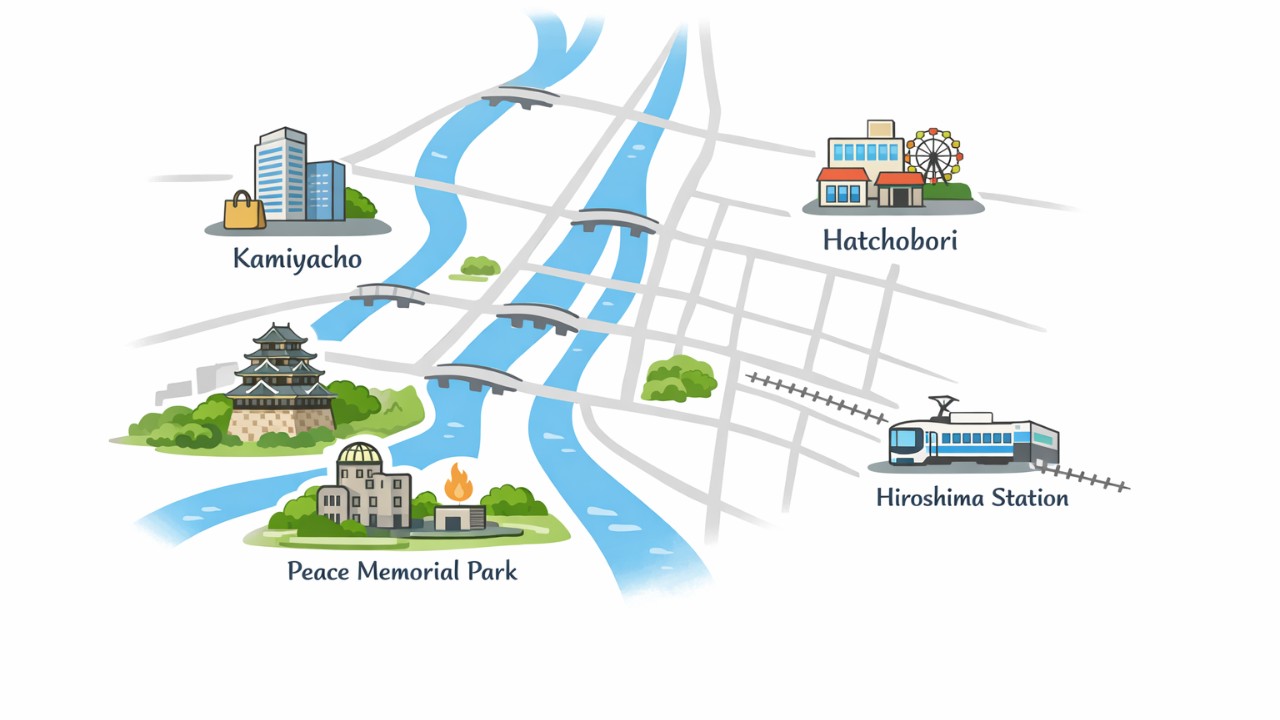 広島市中心部の俯瞰イメージ、紙屋町・八丁堀・平和記念公園・広島駅