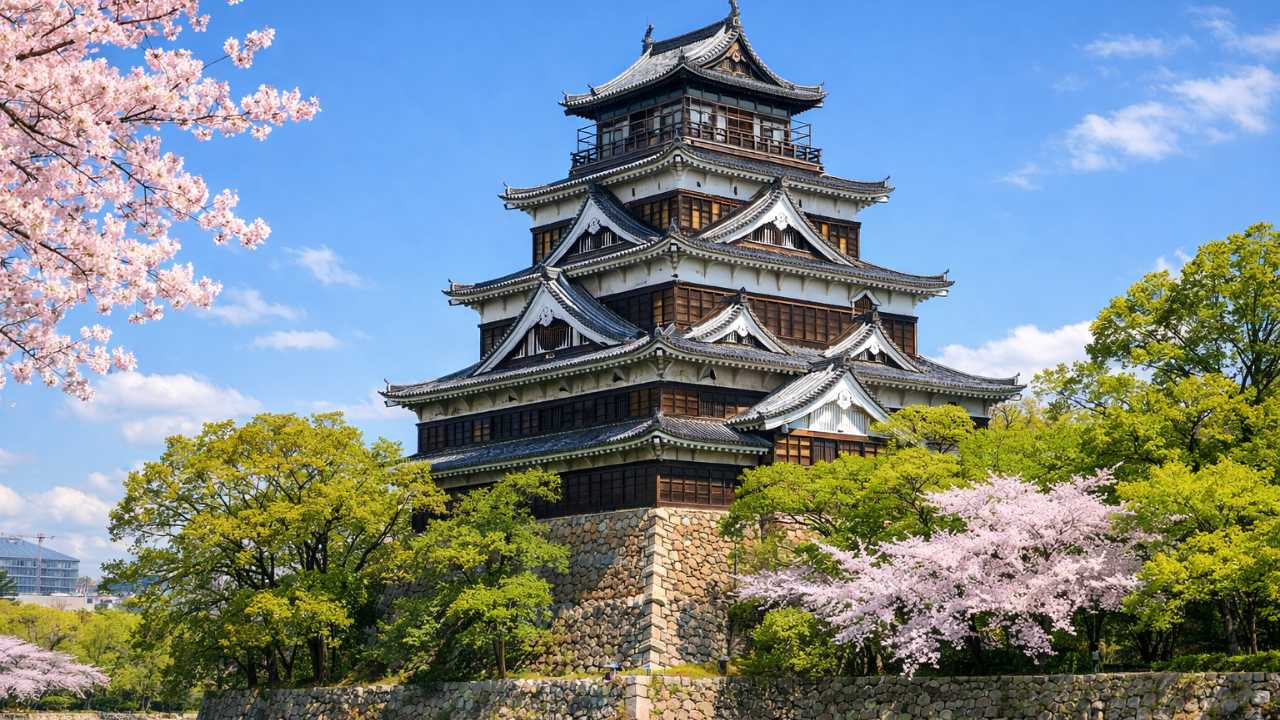 広島城の外観を象徴的に見せる、観光ガイド風の明るい写真調イメージ