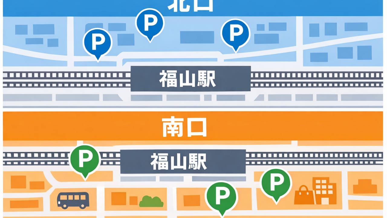 福山駅の周辺地図風イラスト。南口と北口