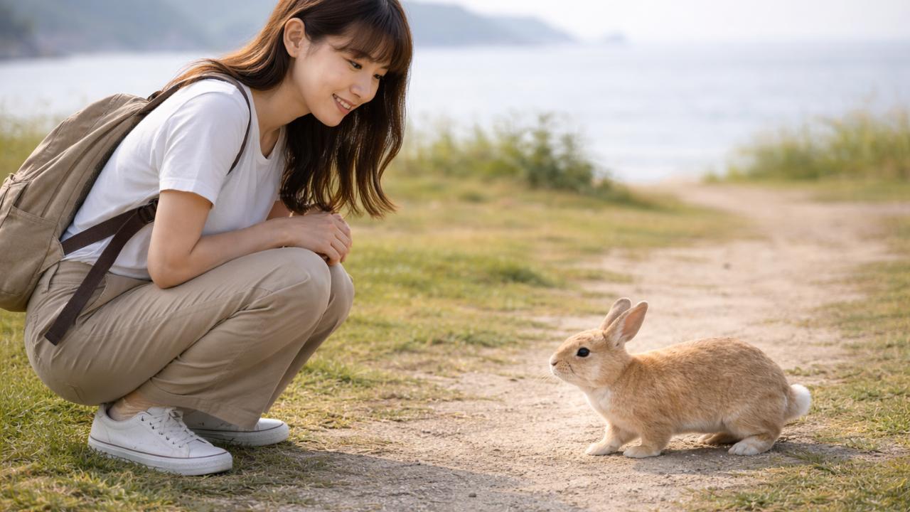 大久野島でうさぎと20代日本人女性のリアル写真