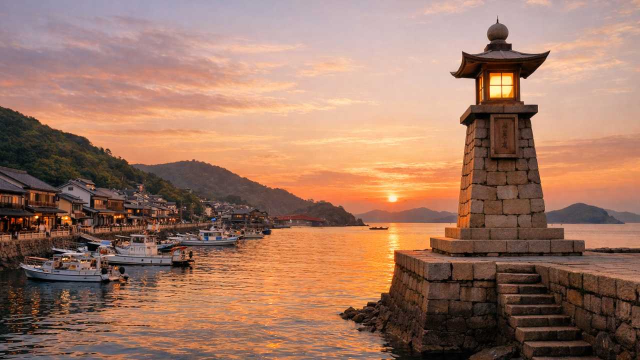 広島県福山市の鞆の浦、港と常夜灯が見える夕景