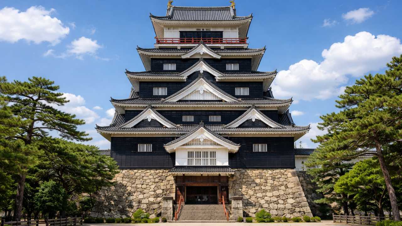 晴天の昼、福山城の天守を正面から