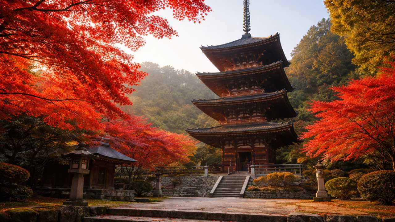 国宝の五重塔と赤いモミジ