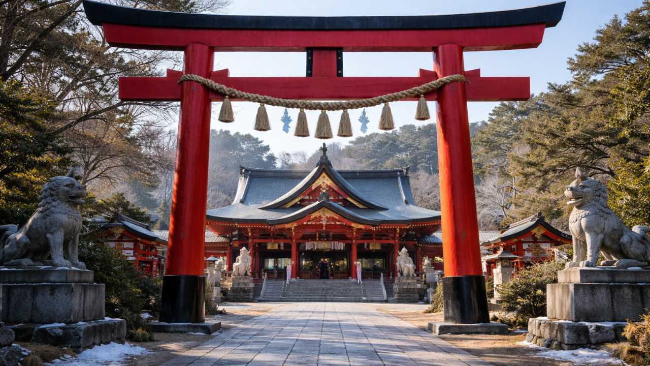 草戸稲荷神社風：朱色の社殿と大きな鳥居