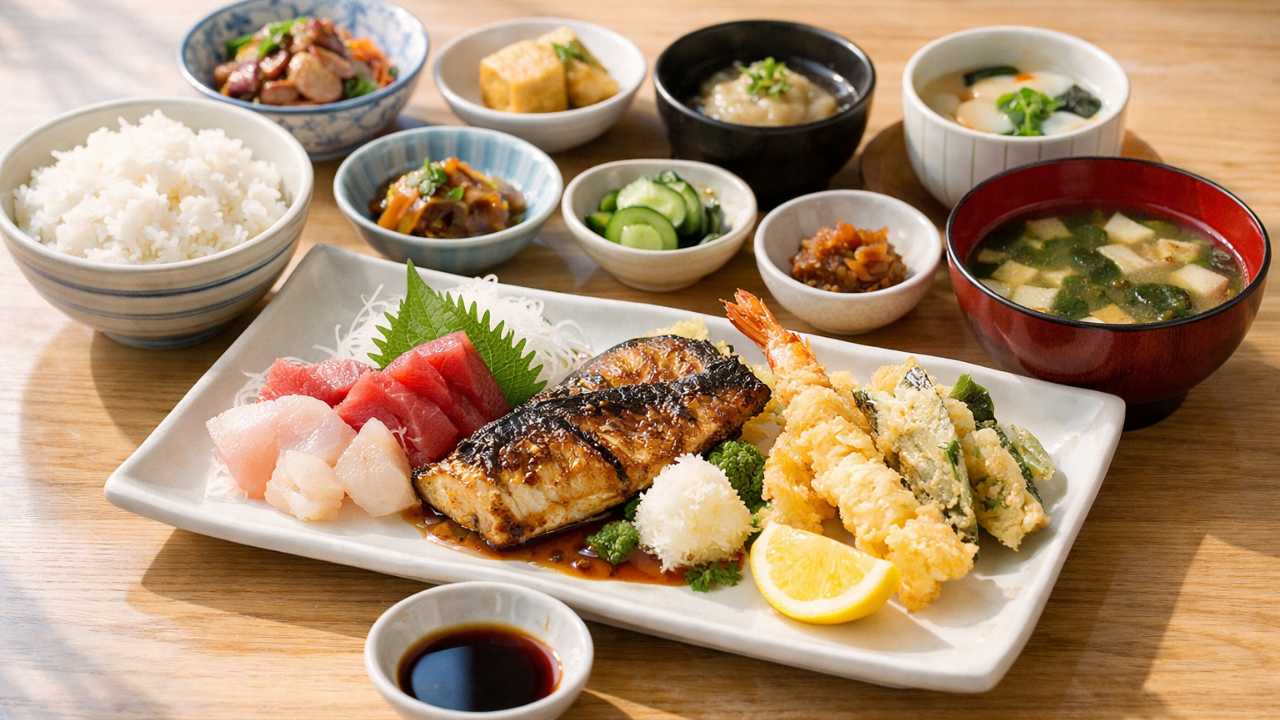 福山市のランチ特集のイメージ、瀬戸内の魚定食と小鉢が並ぶ明るいテーブル