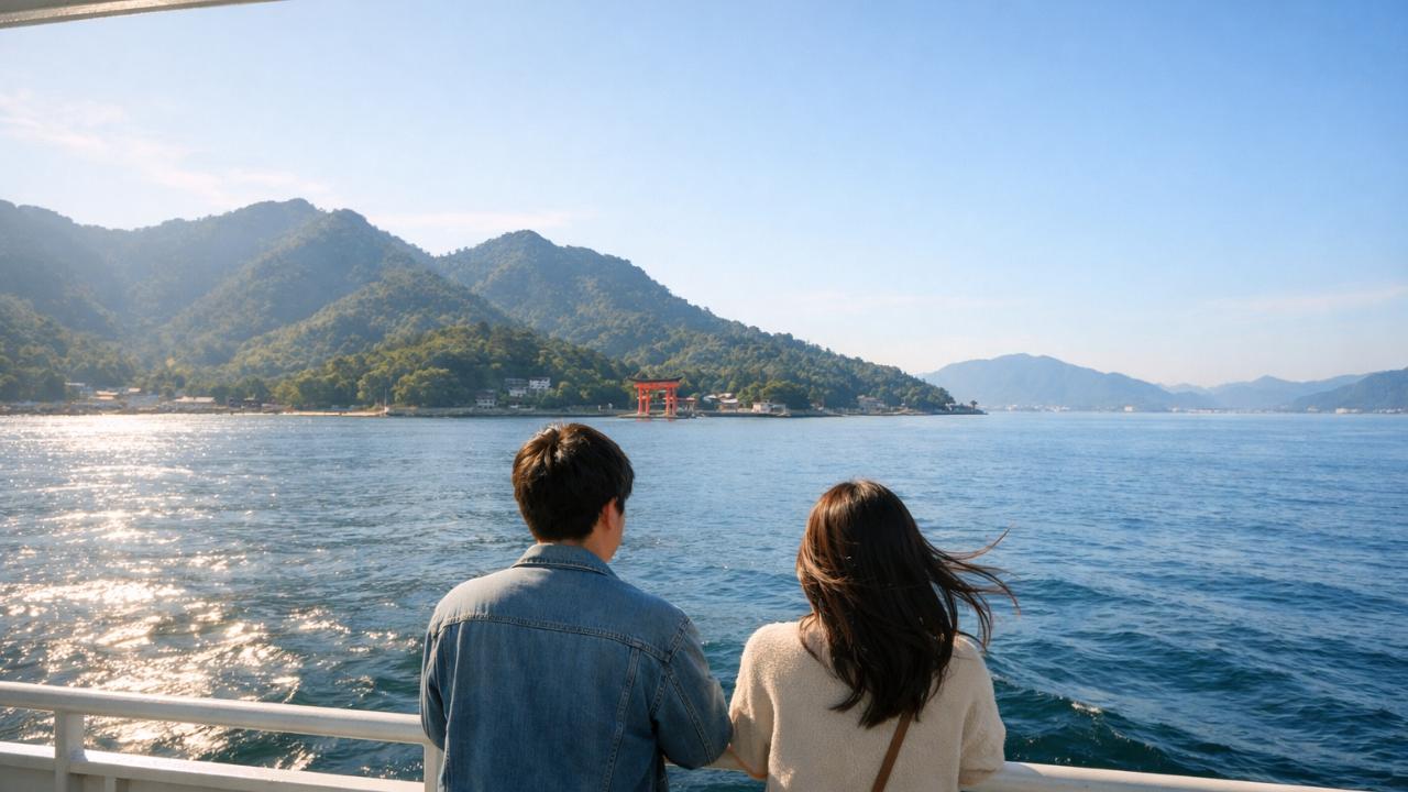 フェリーのデッキから見える宮島の島影と海