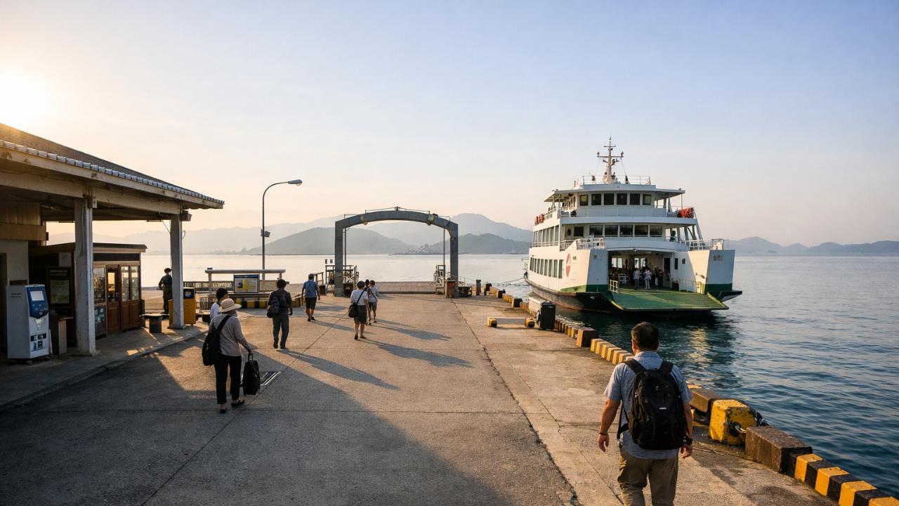 瀬戸内海の小さな港、忠海港のフェリー乗り場を広角で写した風景