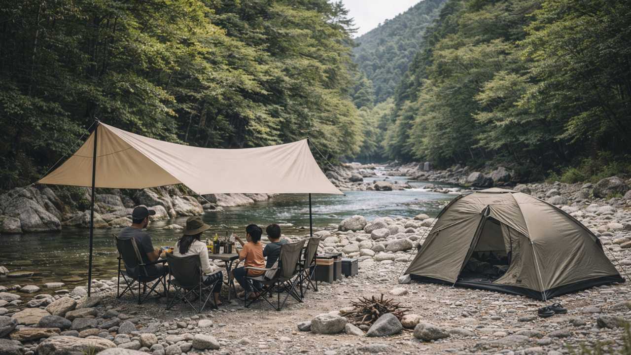 川沿いにタープとテントを設営したデイキャンプの様子