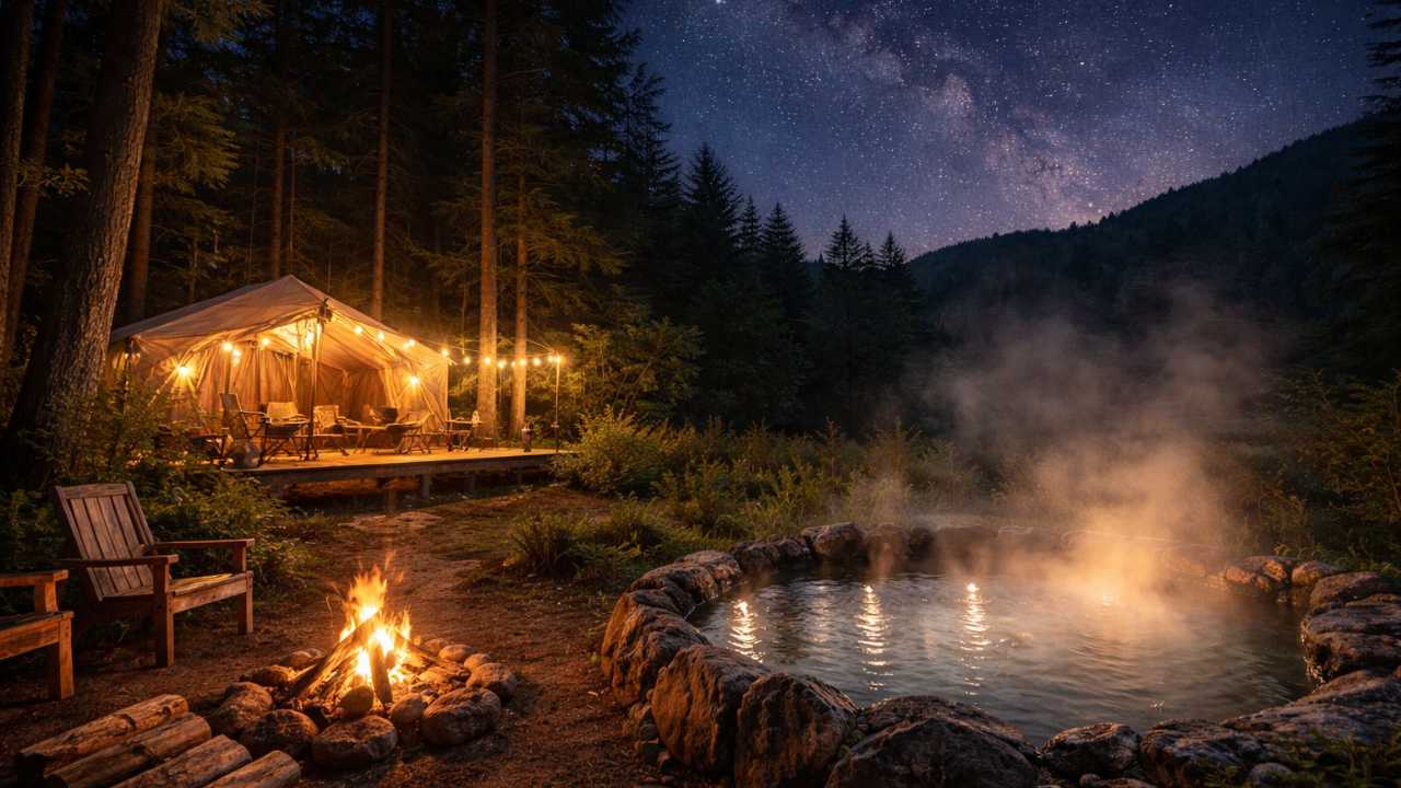 森と星空、焚き火の明かり、温泉の湯けむりを連想させる雰囲気