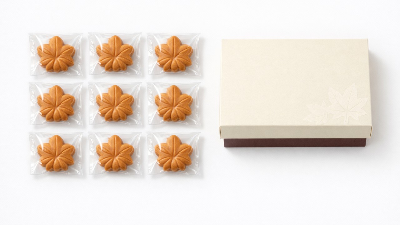 白背景の上に、個包装されたもみじ饅頭と外箱が整然と並ぶ俯瞰写真風