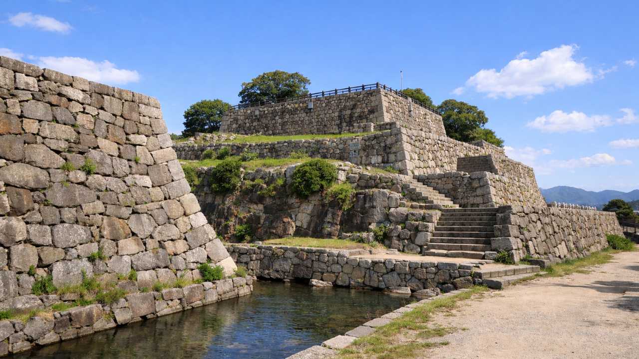 三原城跡の石垣と天主台を、晴れた昼間に広角で撮影したような写真風