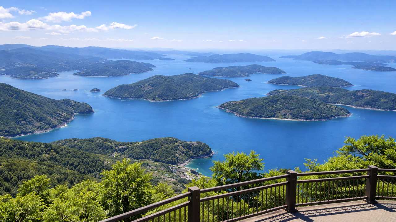 筆影山展望台から見える瀬戸内海の多島美、青い海と島影が広がる絶景の写真風