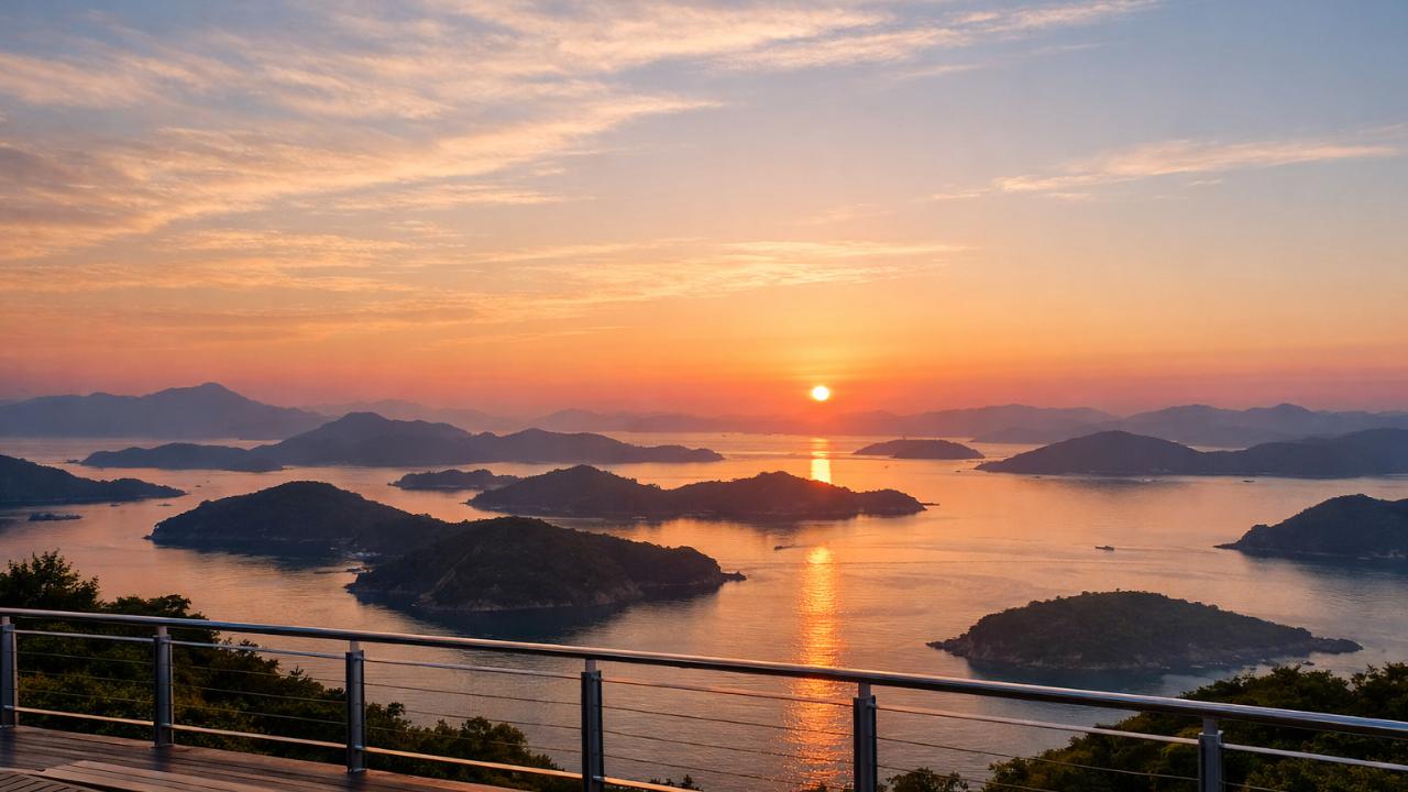 筆影山セクション：瀬戸内海の多島美を見下ろす展望台からの朝焼け