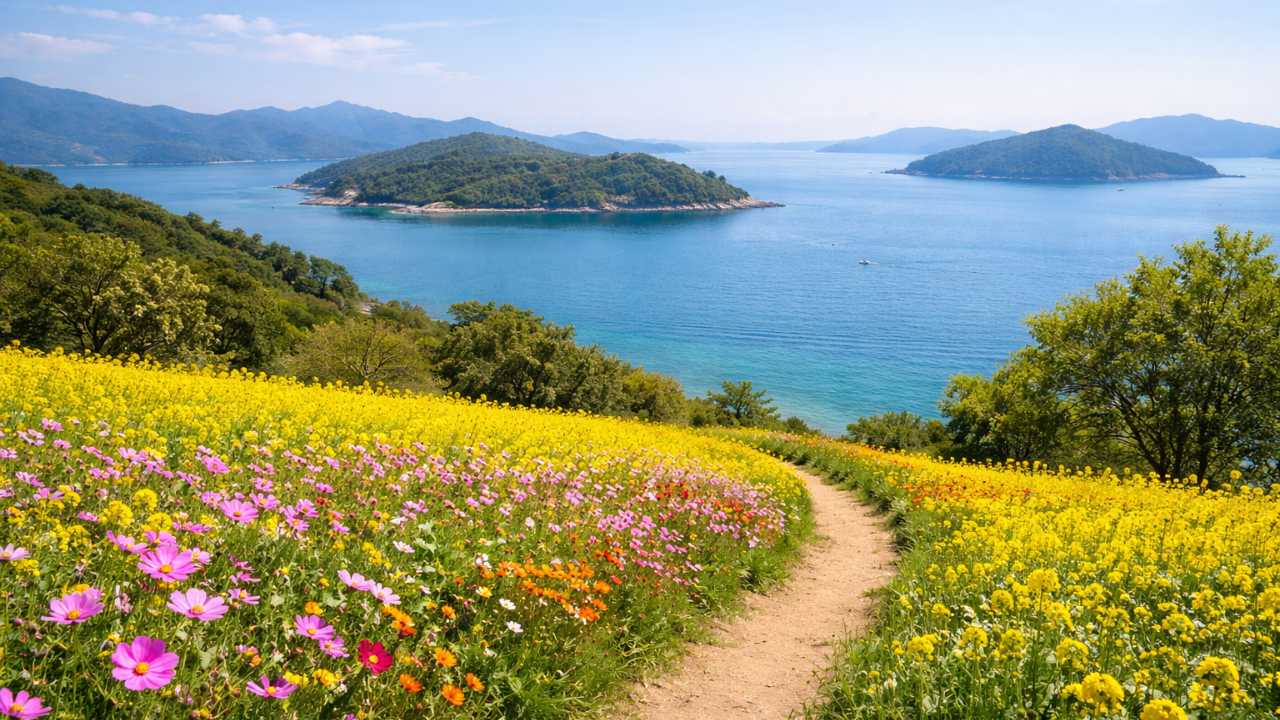 佐木島セクション：島の花畑と青い海が同時に入る風景