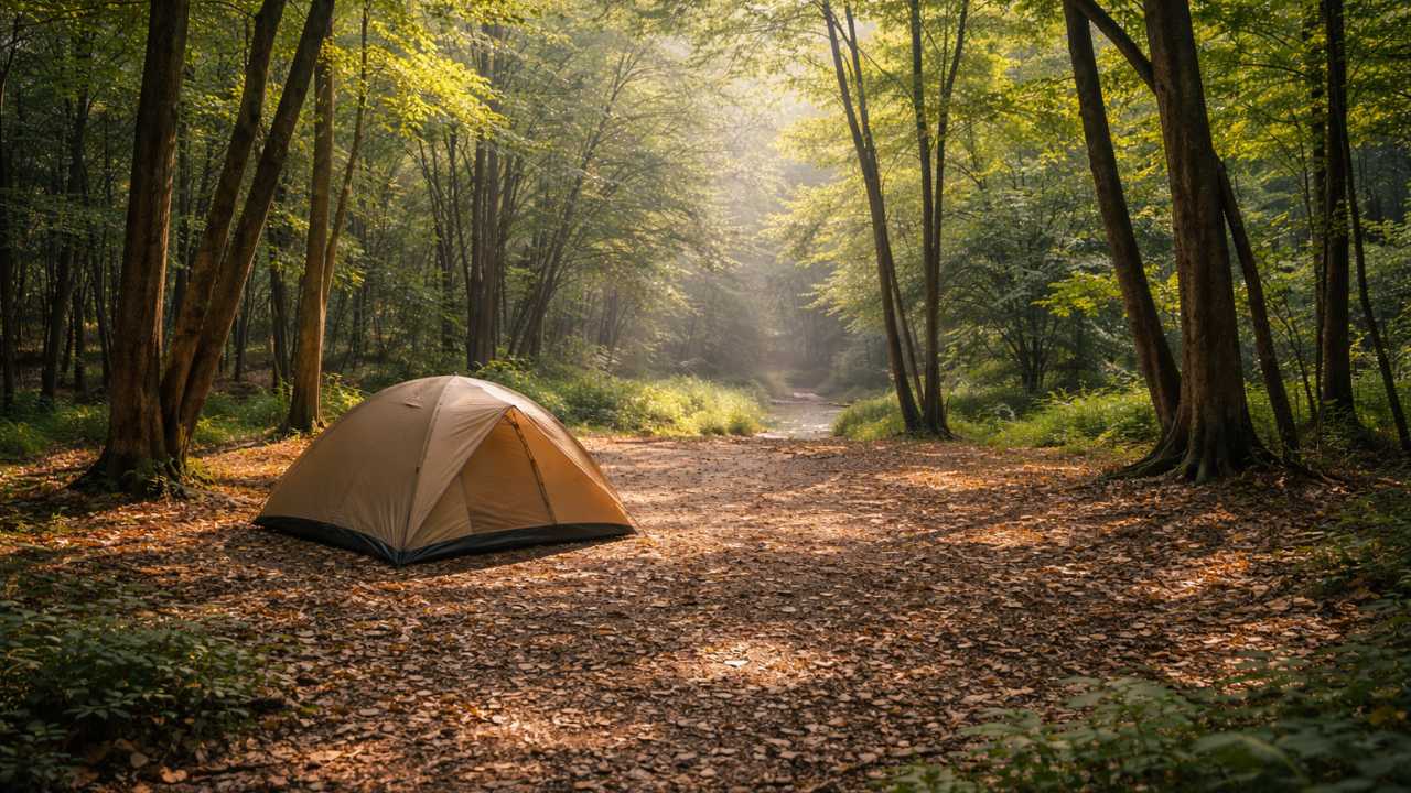 林間のフリーサイト、木漏れ日、落ち葉の地面