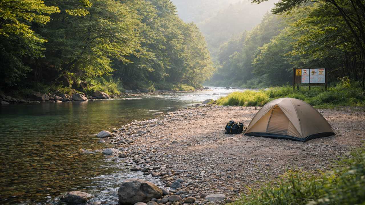 川沿いの無料キャンプ場の風景、穏やかな流れと砂利の河原