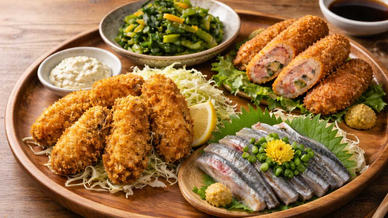 牡蠣フライ、小イワシの刺身、広島菜漬、がんすを木皿に盛り付け