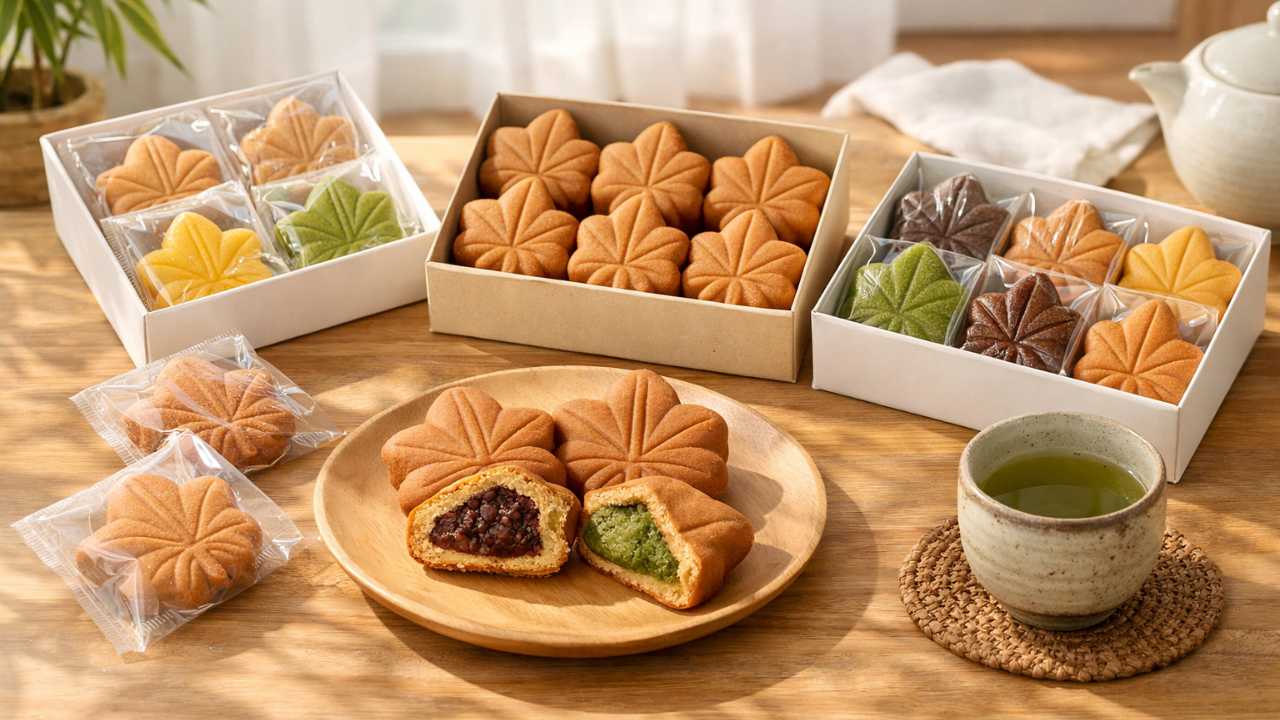 もみじ饅頭の詰め合わせが机の上に並ぶ