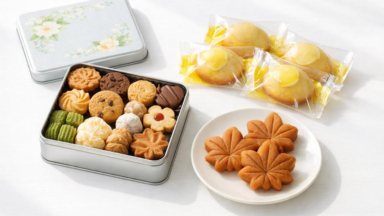 白背景のテーブルに、クッキー缶、レモンケーキ(個包装)、もみじ形の和菓子を上品に配置