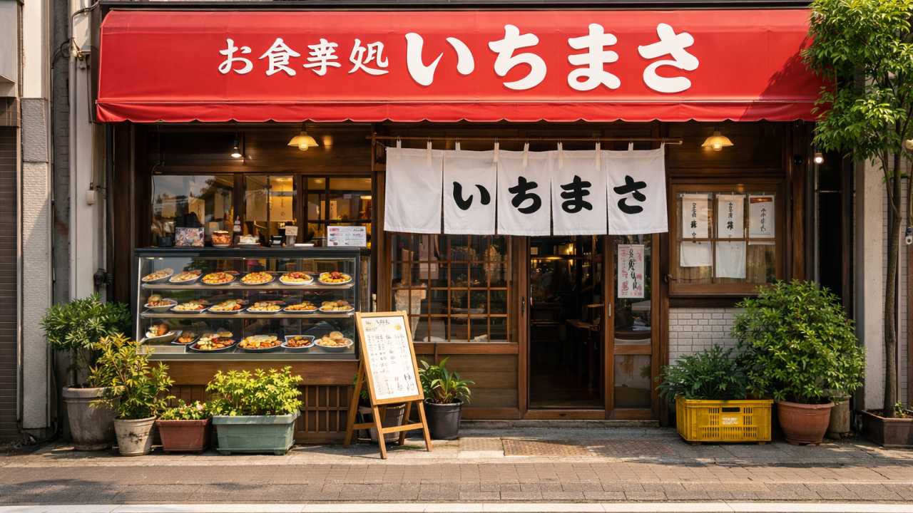 いちまさ、広島の大衆食堂の外観、赤いひさしに和風の店名