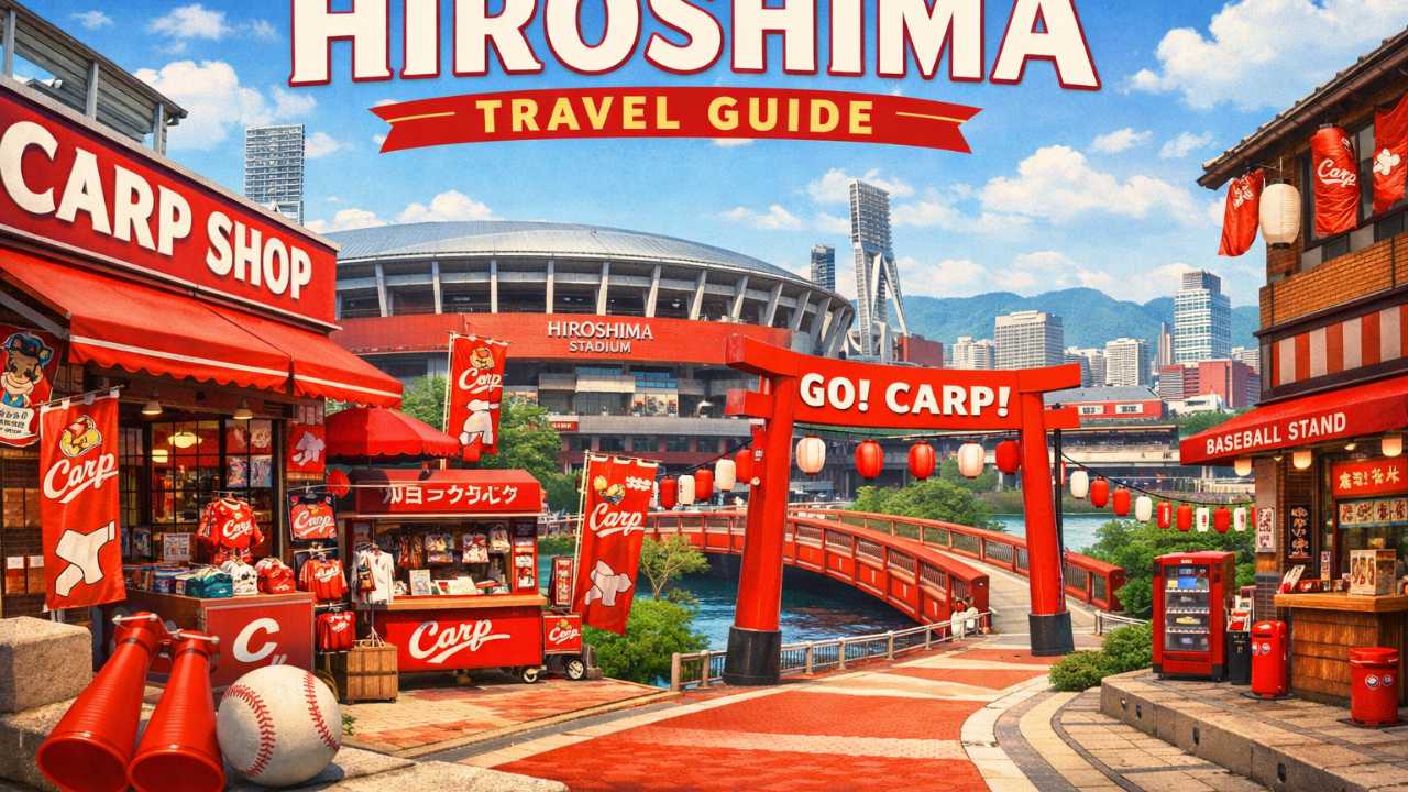 広島の球場周辺をイメージした街並み、赤い応援カラー