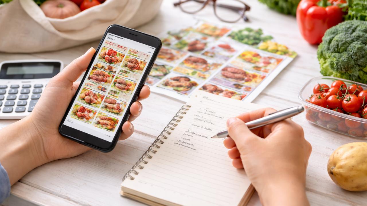 スマホ画面でチラシを確認しながら買い物リストを作る手元の写真風
