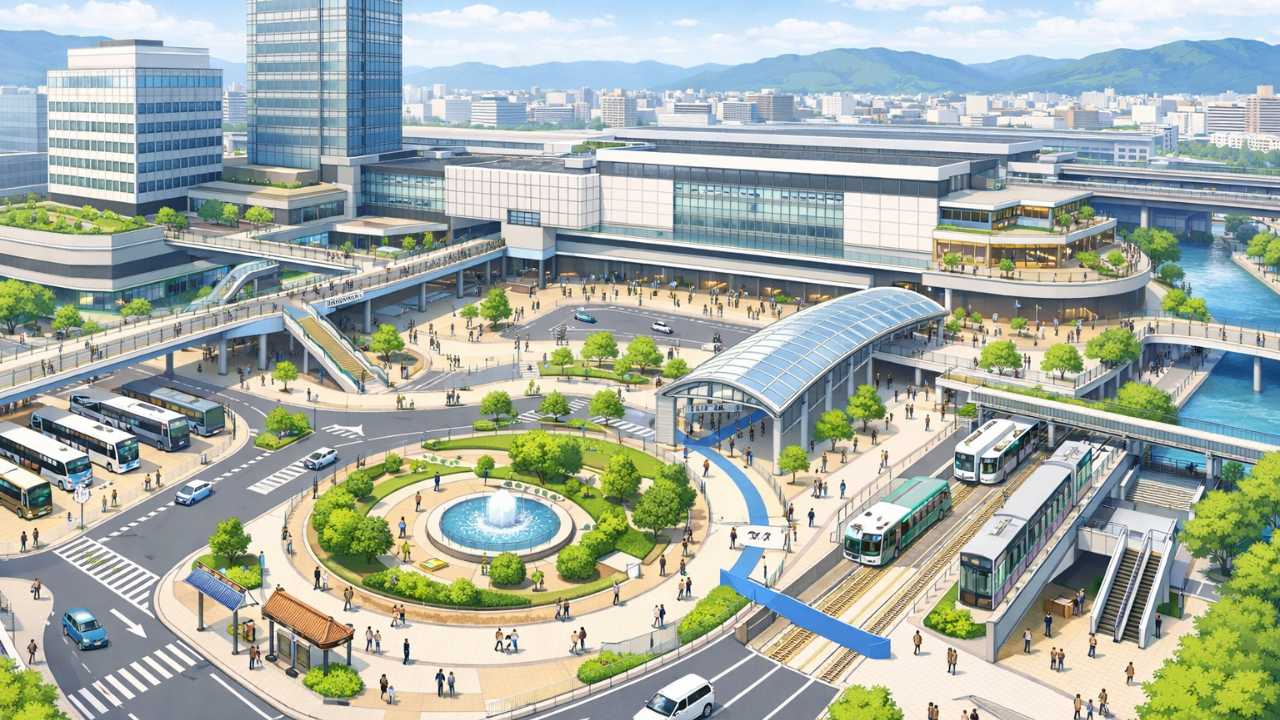 広島駅の再開発を象徴する、駅前広場と新しい動線をイメージした横長のビジュアル