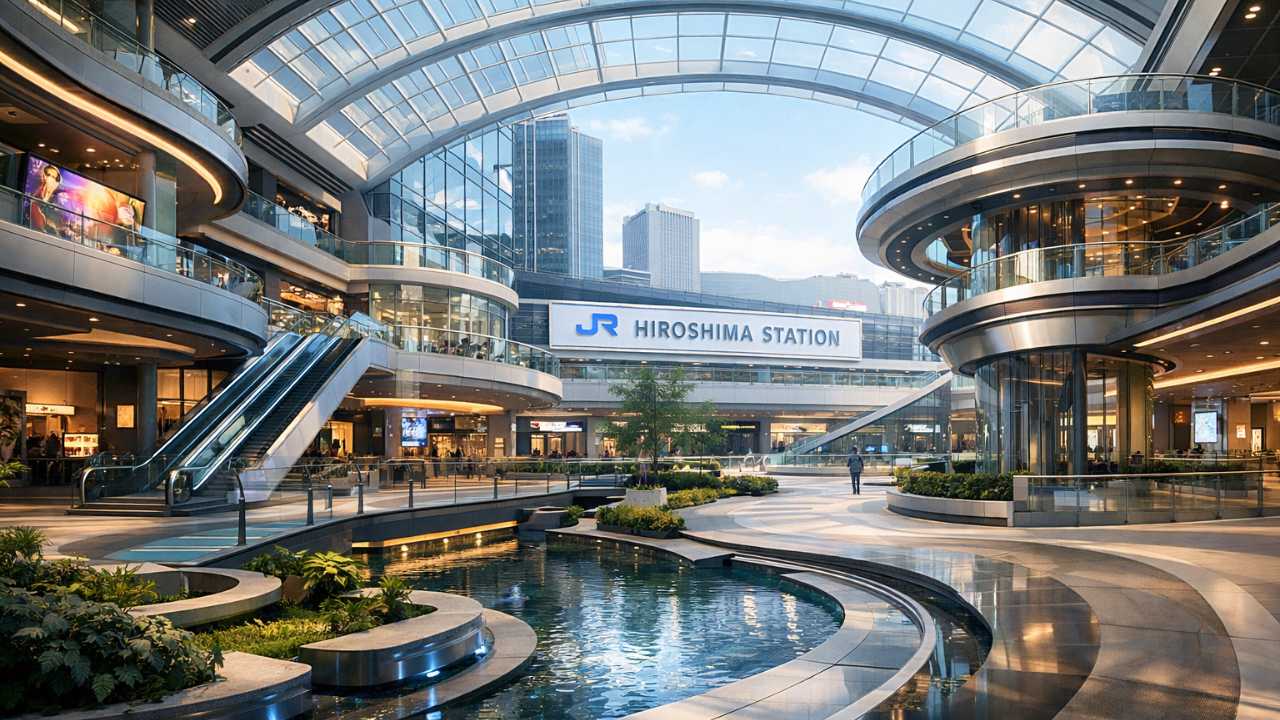 広島駅周辺の近未来的な商業施設イメージ、屋内アトリウム風