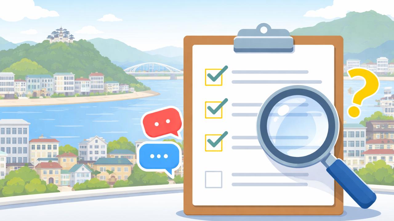 広島県三原市の街並みを背景に、クリップボードと虫眼鏡のアイコンで「情報確認」を表現