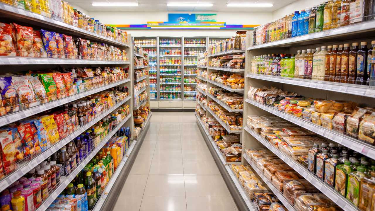 ミニストップの棚に商品が陳列している画像